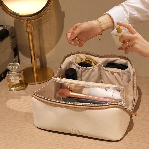 Makeup Bag for Women Travel Waterproof Vegan Leather Cosmetic Bag Open Flat Toil - Picture 9 of 15
